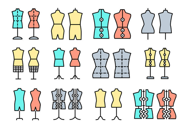 Mannelijke & vrouwelijke kleermakerij mannequin. Tekenen van op maat gemaakte pop. Disp - Vector, afbeelding