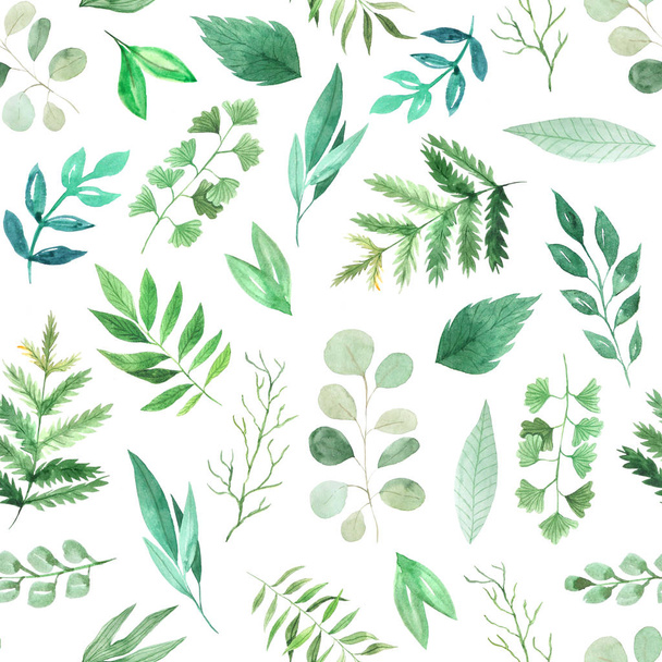 Watercolor seamless pattern with green leaves - Photo, Image