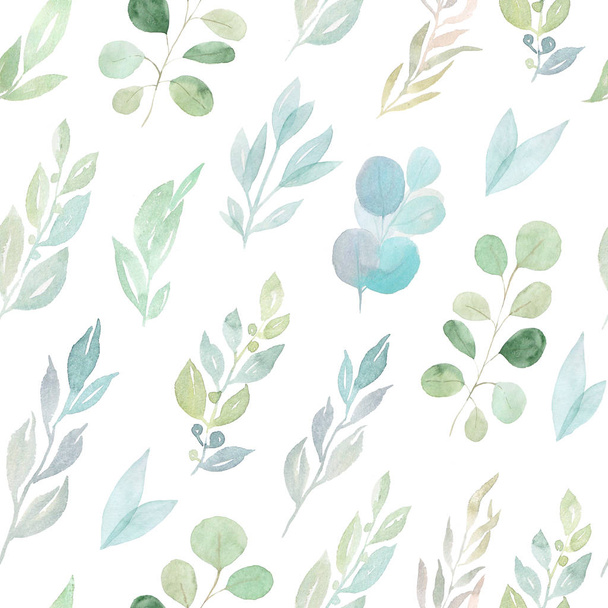 Watercolor green leaves seamless pattern - 写真・画像
