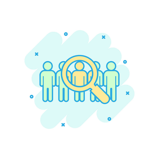 Search job vacancy icon in comic style. Loupe career vector cart - Vector, Image