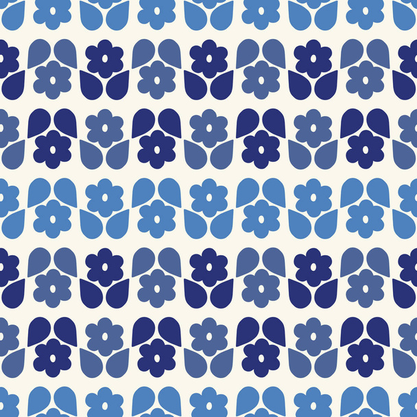 Seamless repeat pattern of stylized indigo blue flowers and leaves in a geometric pattern. A modern floral vector design. - Vector, Image