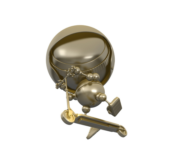 Goldenes Roboterkind mit Kopfhörern springt mit Roller - Foto, Bild