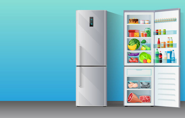 Banner con moderno congelador refrigerador cromado gris cerrado y abierto con coloridos suministros de alimentos en el interior: frutas, verduras, leche, bebidas y carne congelada, electrodomésticos de cocina, ilustración vectorial
. - Vector, imagen