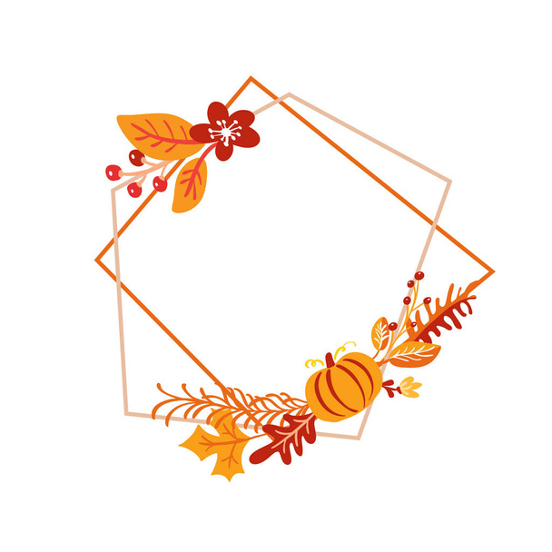 ベクトルフレーム秋の花束リース。オレンジの葉、ベリー、カボチャは、白い背景に分離しました。季節の休日、感謝祭に最適 - ベクター画像