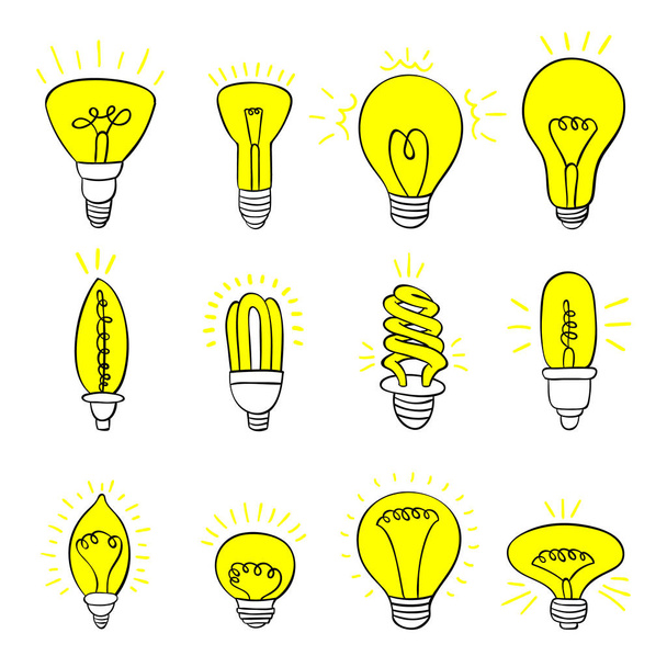 Isolated Bulbs of different types hand drawn doodle bulb set fluorescent, filament, halogen, diode and other illumination electric shop ideas. - Vector, Image