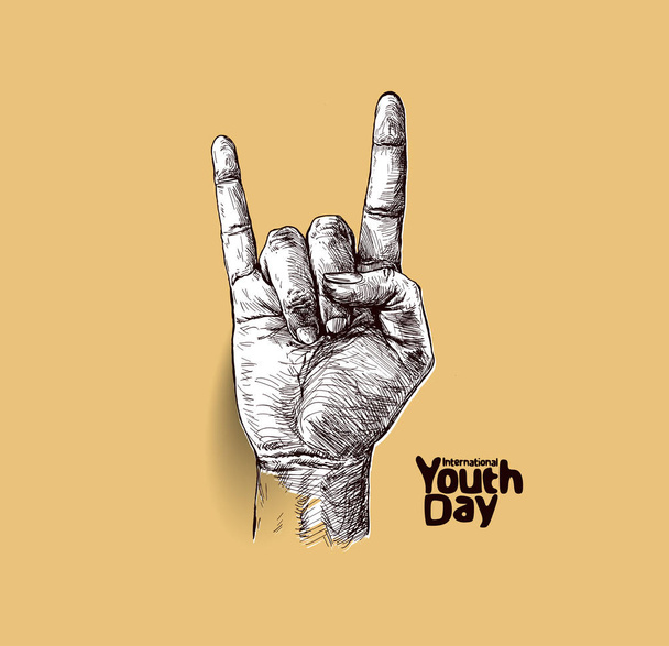 Rock and roll znak z tekstem międzynarodowego dnia młodzieży. Ręka Dr - Wektor, obraz