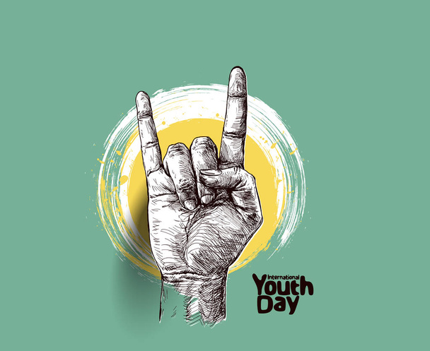 Signo de rock and roll con texto del Día Internacional de la Juventud. Mano dr
 - Vector, Imagen