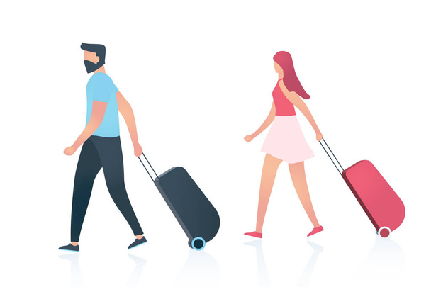 Ζευγάρι, νέος άντρας και γυναίκα με αποσκευές - Διάνυσμα, εικόνα