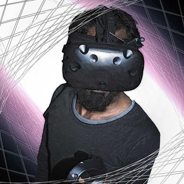 Indian man using VR technology in a virtual geometric purple wor - Photo, Image