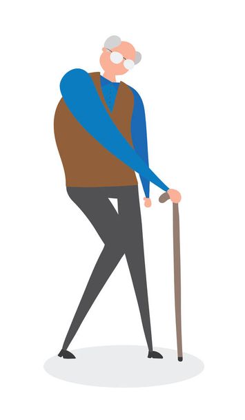 歩く棒で歩く老人、手描きのベクトル・イルスト - ベクター画像
