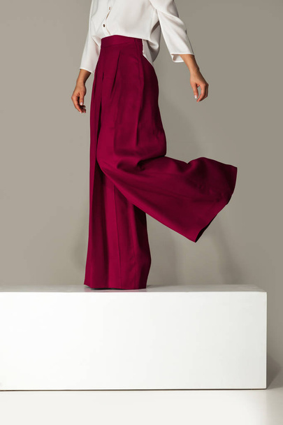 woman wearing high heeled shoes in burgundy trousers - Foto, Imagen