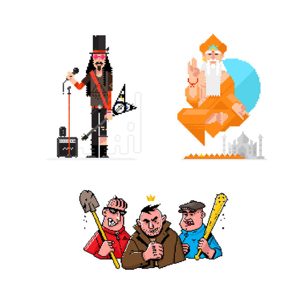 Illustrations of pixel characters musician, yogi, gangsters. 8 bit heroes for games and posters. Icons for your sites and layouts. - Photo, Image
