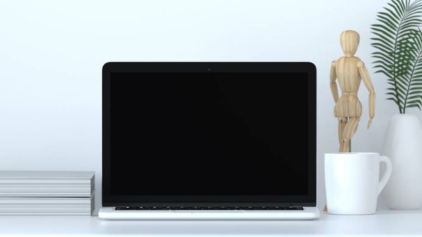 portátil está sobre la mesa en la pared blanca frontal, los objetos simulan el elemento de representación 3d para el diseño gráfico
 - Foto, Imagen