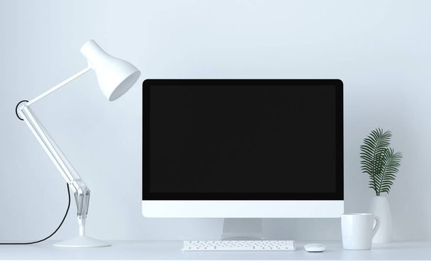 portátil está sobre la mesa en la pared blanca frontal, los objetos simulan el elemento de representación 3d para el diseño gráfico
 - Foto, Imagen