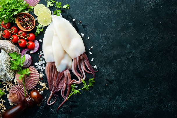 Raw squid with spices. Seafood on a black stone background. Top view. Free copy space. - Photo, Image