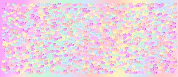  小さな心を持つかわいいカラフルなパステルユニコーンの背景。バレンタインデー、人魚姫パーティー、ガーリー誕生日。装飾甘いテーブル、キャンディギフトステッカー、チョコレートラベルのためのホログラフィック背景 - ベクター画像