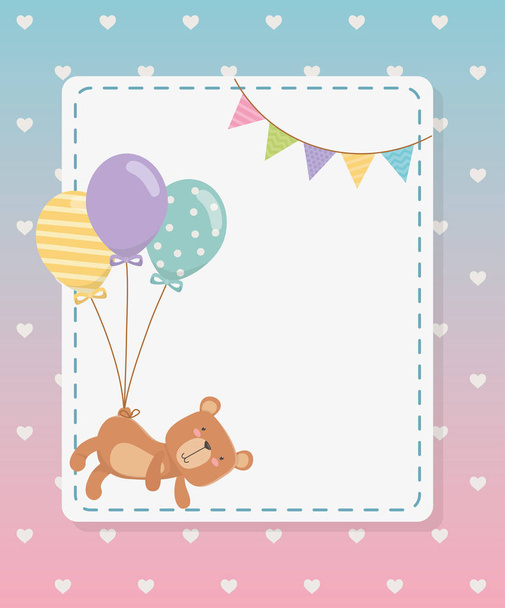 baby shower square card with little bear teddy and balloons helium - Вектор,изображение