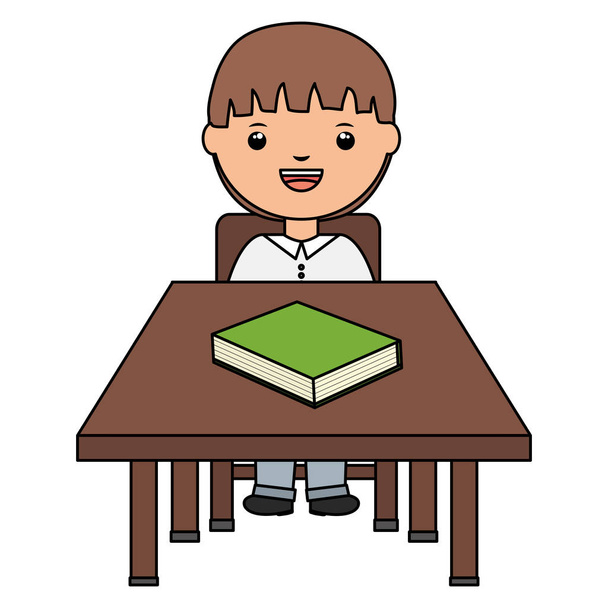 学校の机に本を持つかわいい小さな学生の男の子 - ベクター画像