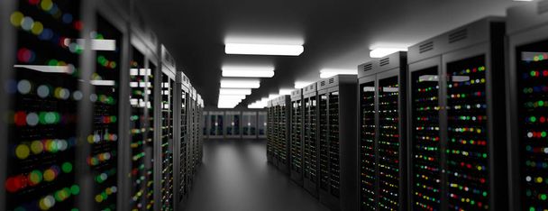 Server room datacenter. Back-up, hosting, mainframe, Farm en computerrek met opslaginformatie.  - Foto, afbeelding