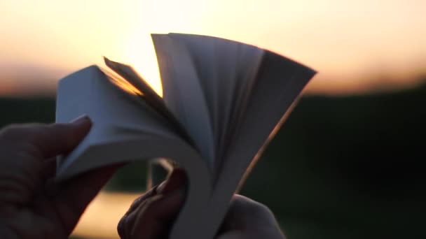 Vrouwelijke handen op zoek door een boek bij kleine meer bij mooie zonsondergang in slo-mo - Video