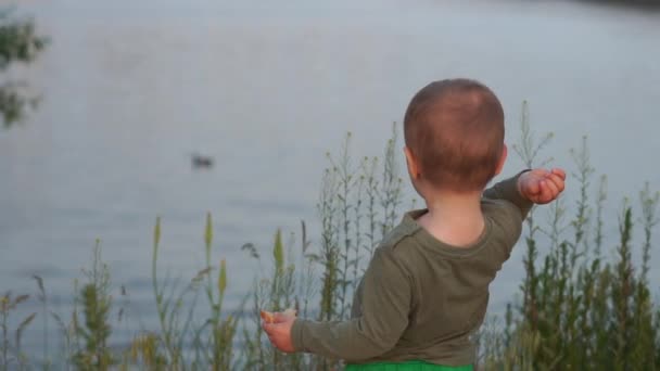 Niño rubio feliz de pie y lanzar un guijarro en un lago al atardecer en slo-mo
 - Metraje, vídeo