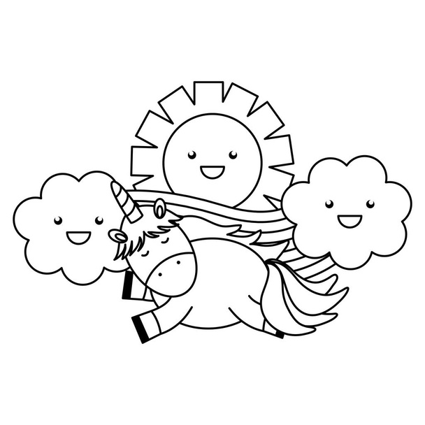 cute unicorn in rainbow with clouds and sun kawaii characters - Vector, Image