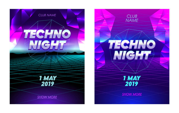 Techno Night Banners Set with Typography, Synthwave Neon Grid Futuristic Background with Low Poly Triangulars, Club Party Flyer Design, Poster, Social Media Invitation, Promo. Ilustración vectorial
 - Vector, imagen