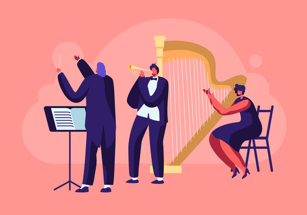 Szimfonikus zenekar játszik a klasszikus zene koncert, karmester és zenészek a hangszerek teljesítő a színpadon trombitával és hárfával, végre Filharmonikus jelenet. Cartoon Flat vektoros illusztráció - Vektor, kép