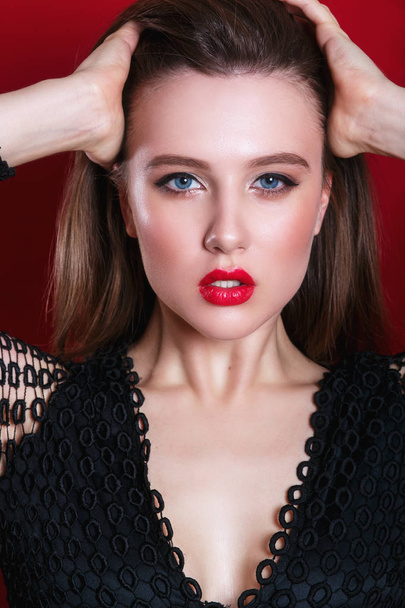 Portrait of beautiful sensual woman with red lips - Zdjęcie, obraz