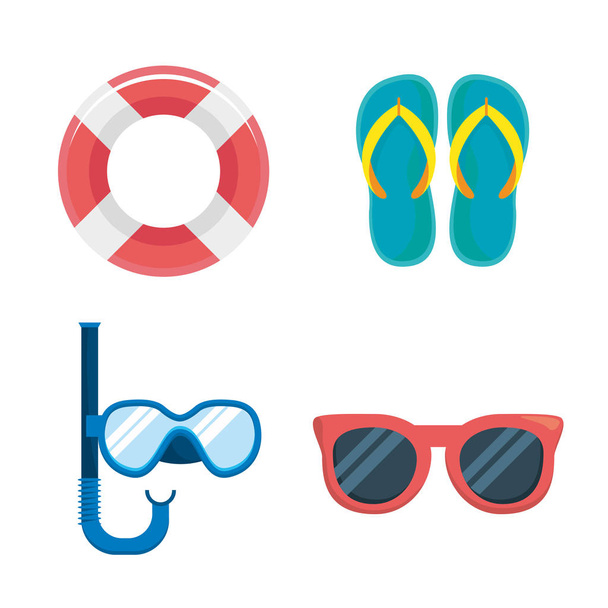 set of float with flip-flop and snorkel masks with sunglasses - Vektor, kép