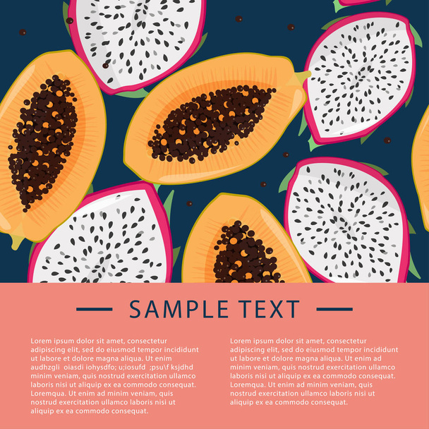Fresh fruits template. Papaya and dragon fruits background with text area. - Vector, Image