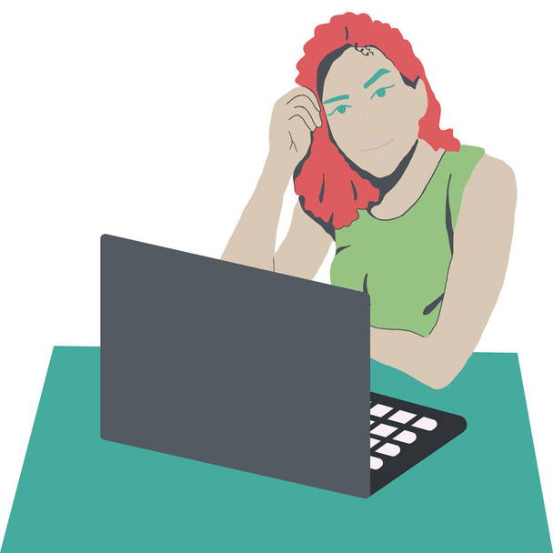 freelancer works at home at the computer. - Vector, Image