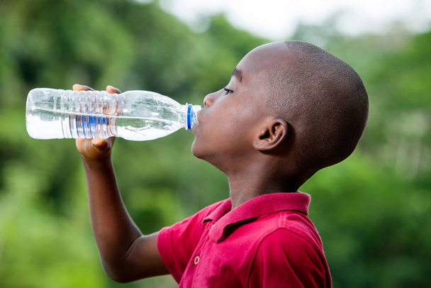 little boy drinking mineral water outdoors - Photo, Image