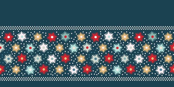 handgezeichnete abstrakte Winterschneeflocken als Randmuster. stilvolle Kristallsterne auf grünem Hintergrund. Elegantes einfaches Bannerband für Feiertage. festliche Geschenkverpackung Washi Tape Yule Illustration. nahtloser Vektor  - Vektor, Bild