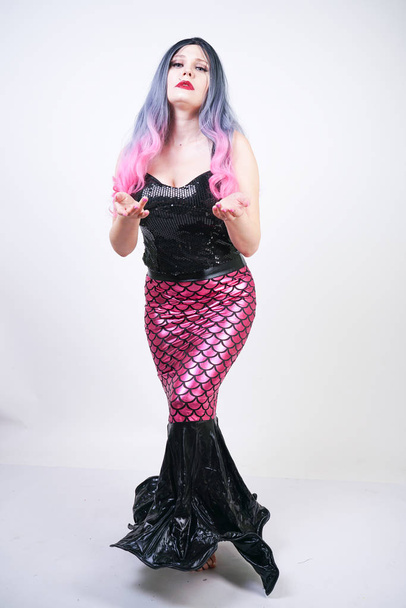 Gothic plus size adult mermaid on white studio background - Photo, Image
