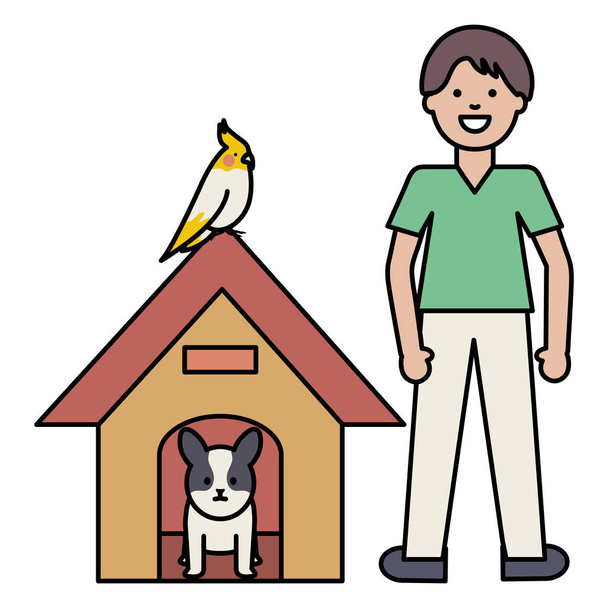 νέος άντρας με σκύλο και πουλί σε ξύλινο σπίτι - Διάνυσμα, εικόνα