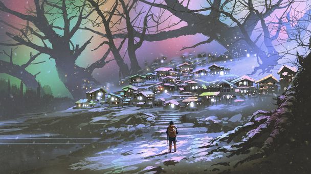 nocne dekoracje wioski śnieżnej z kolorową atmosferą, cyfrowy styl sztuki, malarstwo ilustracji - Zdjęcie, obraz