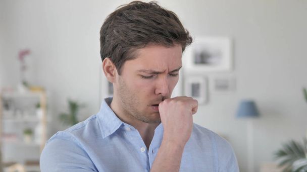 Cough, Sick Handsome Young Man Coughing at Work - Fotoğraf, Görsel