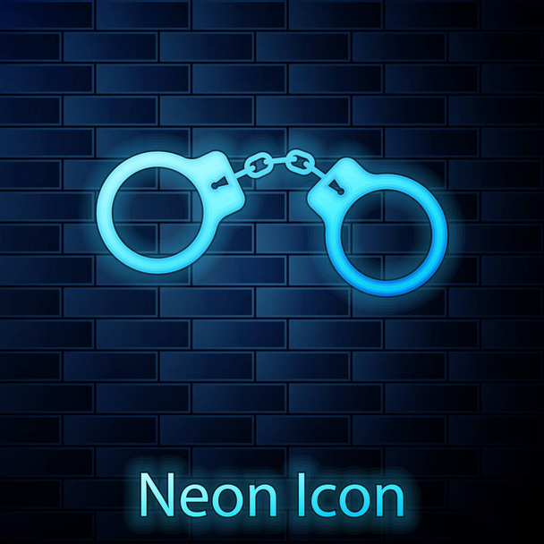 Glowing neon Handcuffs icon isolated on brick wall background. Vector Illustration - Vector, Image