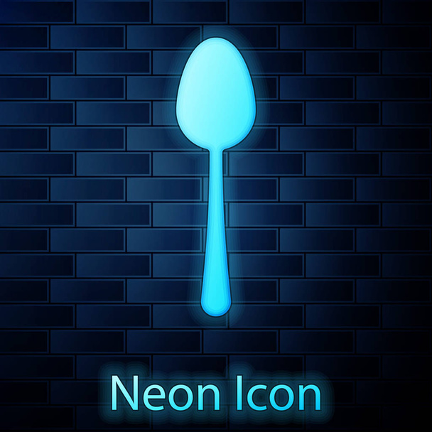 Glowing neon Spoon icon isolated on brick wall background. Cooking utensil. Cutlery sign. Vector Illustration - Vector, Image
