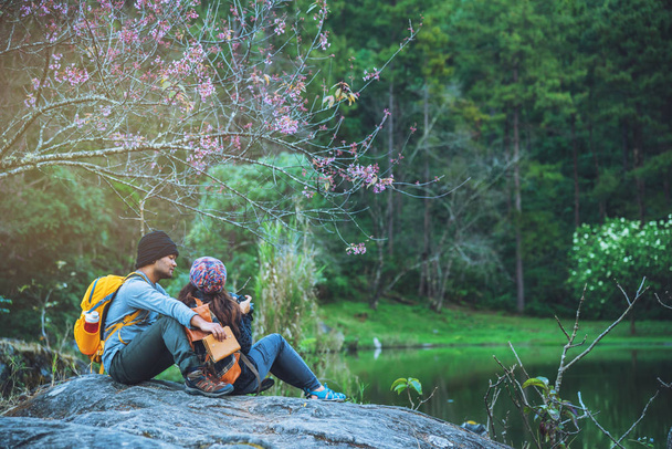 Les amoureux voyagent pour regarder les cerisiers des couples asiatiques. Heureux de voyager en lune de miel, les valentines
. - Photo, image