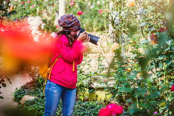 Photographer travel photograph in the rose garden. Travel relax. Multicolored roses beautiful, background blur. - Photo, Image