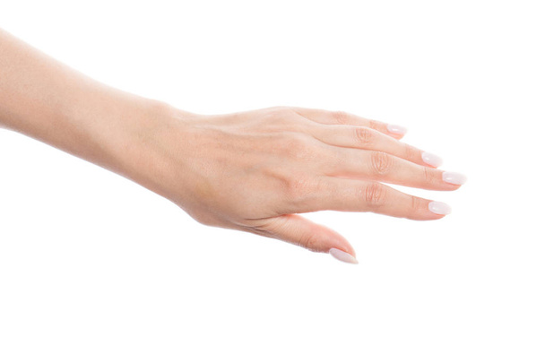 Női kéz fehér ápolt körmökkel, izolált fehér háttéren - Fotó, kép