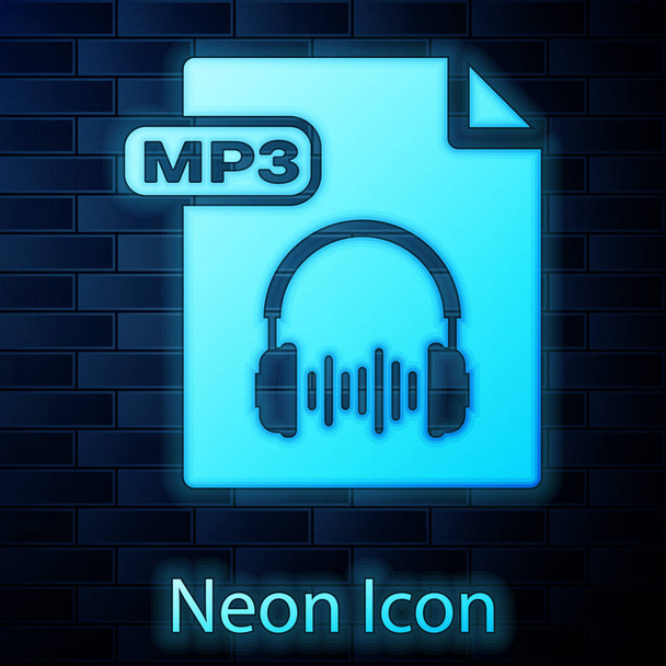 Ragyogó Neon MP3 fájl dokumentum. Letöltés MP3 gombot izolált téglafal háttérben. MP3 zene formátum jel. MP3-fájl szimbóluma. Vektoros illusztráció - Vektor, kép