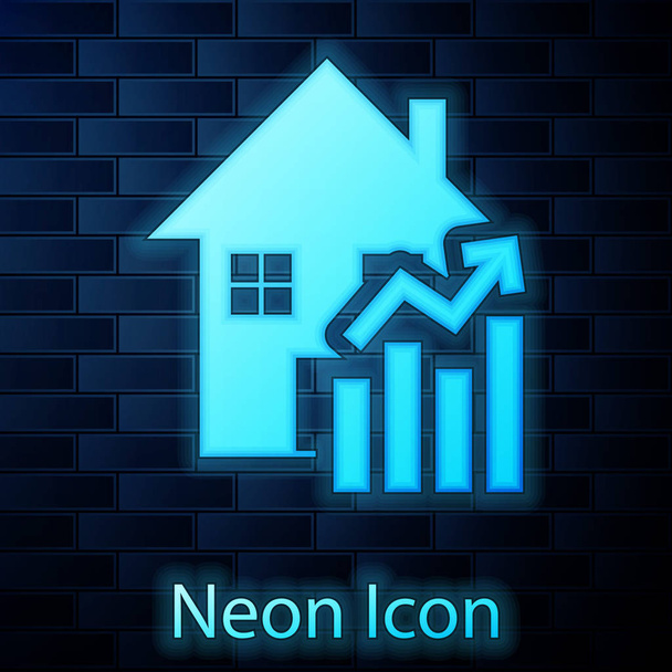 Glowing neon Rising cost of housing icon isolated on brick wall background. Rising price of real estate. Residential graph increases. Vector Illustration - Vector, Image