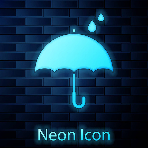 Zářící neonové deštníky a dešťové kapky, izolované na pozadí cihlové zdi. Vodotěsná ikona. Ochrana, bezpečnost, koncepce bezpečnosti. Symbol odolný vůči vodě. Vektorová ilustrace - Vektor, obrázek