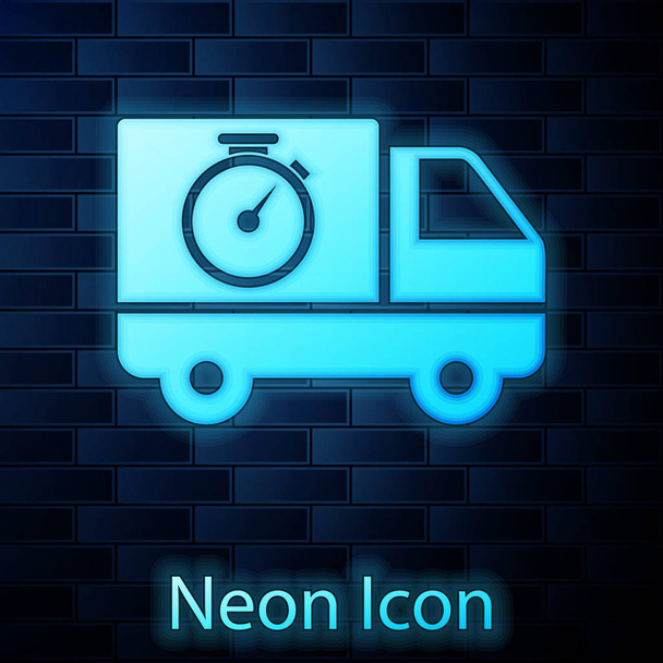 Parlayan Neon lojistik teslimat kamyon ve kronometre simgesi tuğla duvar arka planda izole. Teslim süresi simgesi. Vektör Illustration - Vektör, Görsel