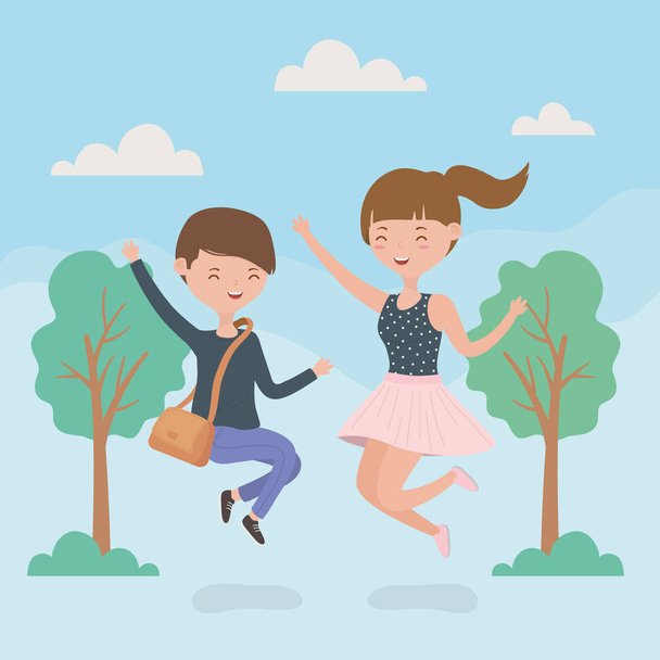 boldog pár ünneplő jumping az erdőben jelenet - Vektor, kép