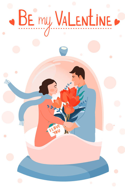 Walentynki karty z szczęśliwą parą. Śnieg kuli z parą w miłości. Człowiek dając swojej kobiecie bukiet kwiatów. - Wektor, obraz