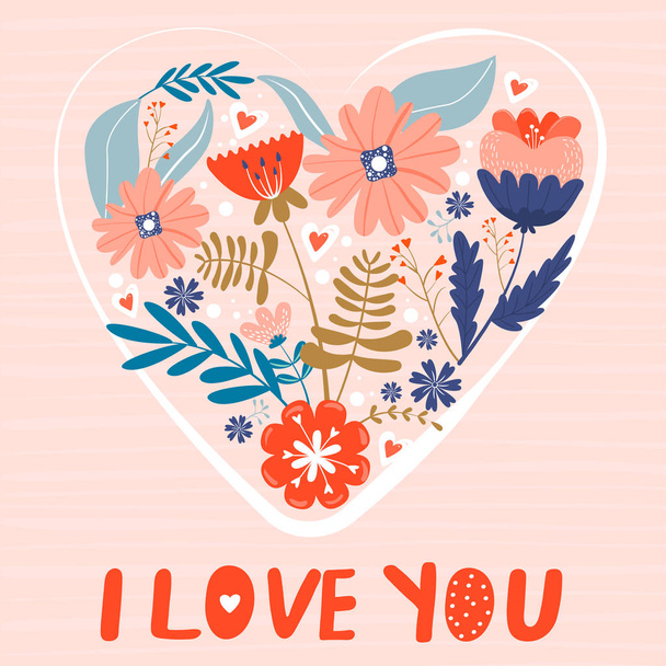 Çiçek tasarım illüstrasyon. Kalp şeklinde çiçekler ile Sevgililer günü kartı. - Vektör, Görsel